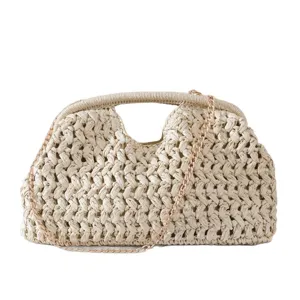 Womens woven straw handbag with chain strap, casual beach clutch and vintage shoulder tote bag.