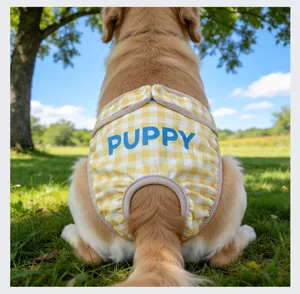 Bragas fisiológicas lavables para perros con diseño de cuadros amarillos para mascotas.