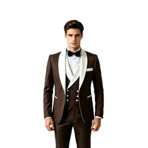 Men slim fit 3-piece brown suit with white shawl lapel for weddings and formal events.