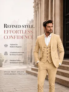 Men's slim fit 3-piece suit in light khaki, perfect for business, wedding and formal wear events.