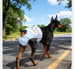 Vista detallada del cómodo pañal sanitario para perros con estampado a cuadros azules.