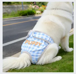 Bragas fisiológicas a cuadros azules y blancos para perros, pañal lavable para perras.