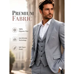 Men grey 3-piece business slim fit suit jacket vest set for wedding formal wear.