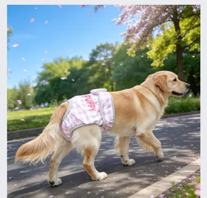 Escena de detalle al aire libre de un golden retriever con pañal lavable a cuadros rosas.