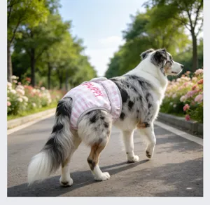 Vista detallada de un perro con pantalones sanitarios de cuadros rosas al aire libre.