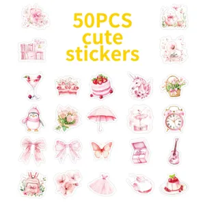 50pcs cute pink cartoon stickers set, aesthetic watercolor style DIY decals for journal.