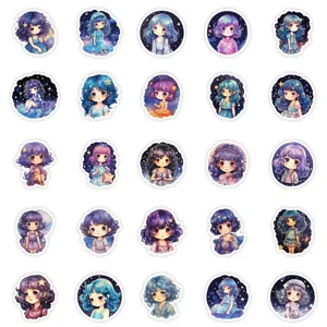 Cute starry sky anime girl stickers set, waterproof decorative graffiti decals for journaling.