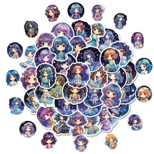Detailed view of 50pcs cute starry sky girl stickers, beautiful purple hair anime art.