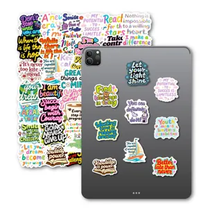 Detail view of colorful motivational quote stickers showcasing design and waterproof quality.