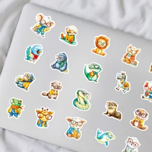 Cute watercolor animal stickers detail shot, waterproof cartoon glasses wildlife laptop decor