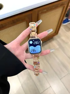 Metal watch band for Apple Watch with cute puppy engraving and sparkling rhinestones.