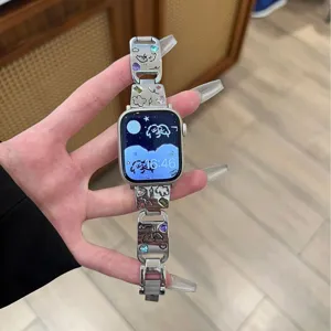 Metal watch strap compatible with Apple Watch, cute dog design with colorful rhinestones.