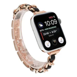 Cinturino di ricambio in pelle e catena metallica oro rosa compatibile con Apple Watch.