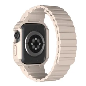 Rugged magnetic watch case and strap compatible with 45mm smartwatch in beige color.
