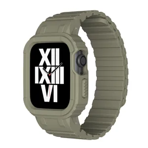 Rugged silicone watch case and magnetic strap detail close up view, tactical green color.