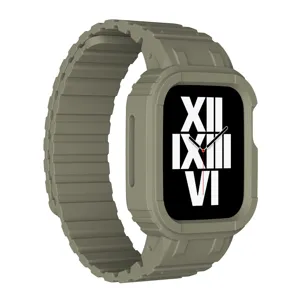 Rugged watch case and strap compatible with Apple Watch, military green silicone protective band.
