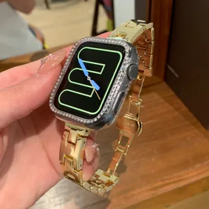 Cinturino per orologio in metallo dorato maglia H con custodia strass per smartwatch chic
