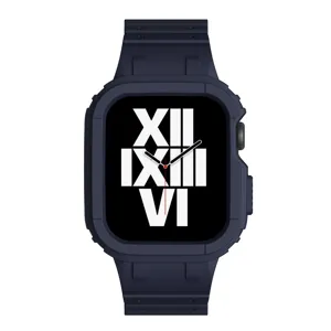 Rugged magnetic watch band case compatible with Apple Watch, dark blue sports strap.