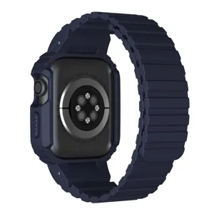 Blue magnetic silicone watch strap and protective case compatible with smart watch.
