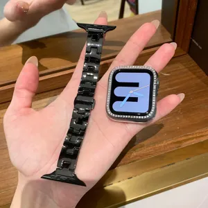Cinturino per orologio in metallo nero e cassa con strass compatibile con smartwatch, accessorio.