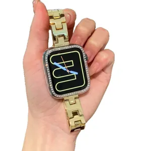 Cinturino per orologio H-link in metallo dorato di lusso e cassa in strass compatibile.