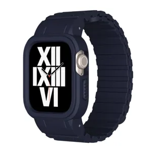 Rugged magnetic watch case and strap for Apple Watch, dark blue sports band for men women.