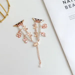 Bracelet de montre en métal doré rose avec perles et trèfles pour Apple Watch chic