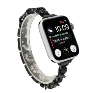 Cinturino per orologio in pelle e catena elegante compatibile con Apple Watch, nero chic.