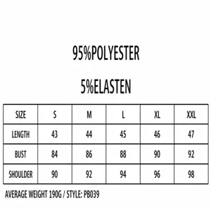 Size chart details for knit fabric top, 95% polyester 5% elastane, size S to XXL measurements.