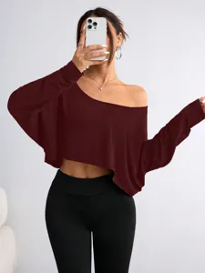 Women off shoulder long sleeve crop top casual slim solid color stylish t-shirt top