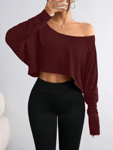 Women off shoulder long sleeve crop top casual slim basic tee solid color stylish apparel