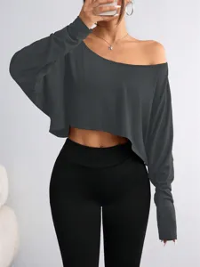 Women off shoulder long sleeve crop top casual basic solid t-shirt streetwear spring