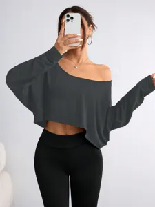 Women off-shoulder loose long sleeve crop top casual solid color basic fashion tee shirt.