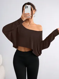 Women's off-the-shoulder long sleeve crop top casual basic tee shirt for spring and summer.