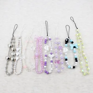 Cute sweet style beaded phone strap, bow and heart charm chain for phone and bag decoration.
