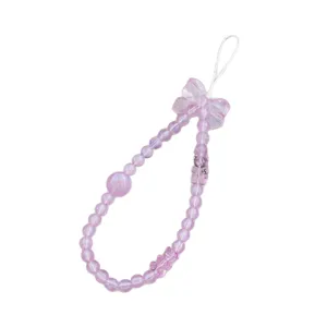 Purple beaded phone charm with sweet bow and bear pendants, cute phone strap for accessories.