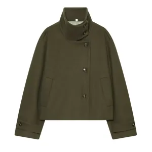 Olive green short wool coat with high collar, asymmetric button closure and long sleeves.