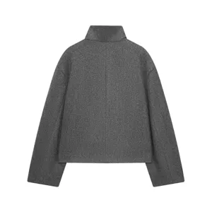 Dark grey high neck cropped wool blend jacket women autumn casual warm outerwear top