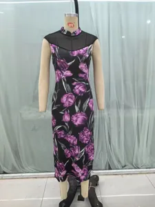 Mouwloze stretch gebreide geprinte jurk met transparante mesh kraag en bloemenpatroon zomer