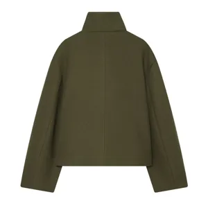 Dark green minimalist high collar cropped wool coat detail view, stylish autumn outerwear.