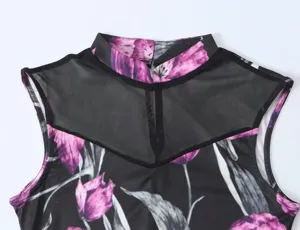 Mouwloze bloemenprint jurk detail close-up, mesh opstaande kraag design, zomer mode stijl.