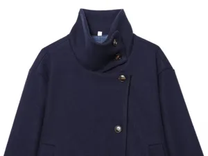 Navy blue high collar asymmetrical coat detail, stylish short wool blend outerwear for women.
