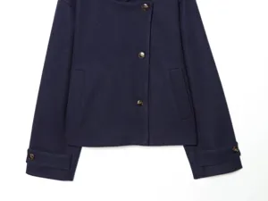 Navy blue wool coat detail showing asymmetrical button closure and cuffed long sleeves.