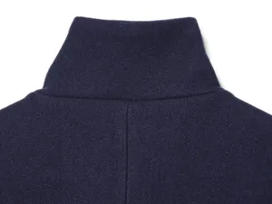 Detail view of autumn women's navy wool high collar coat collar back seam design fashion