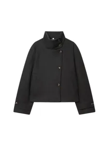 Women's Retro High Neck Short Woolen Jacket Asymmetric Buttons Loose Fit Spliced Polyester Coat For Autumn Winter Casual Top
