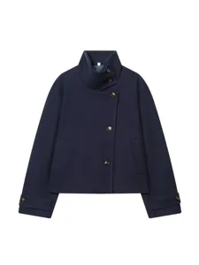 Casual Women Navy Blue High Collar Asymmetrical Wool Blend Short Coat Fall Winter Jacket
