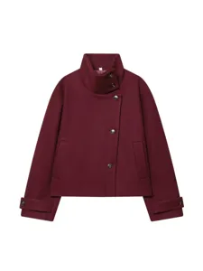 Women burgundy short wool coat high neck asymmetric button casual autumn jacket outerwear