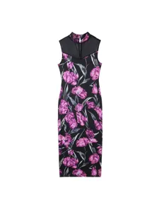 Dames Mouwloos Mesh Patchwork Floral Tulpenprint Jurk Zomer Elegant Hooggesloten Polyester Slim Fit Bodycon Midi Jurk Paars