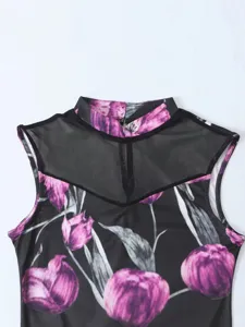 Dames mouwloze bloemenprint jurk mesh patchwork opstaande kraag zomer mode outfit