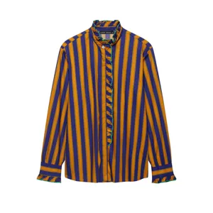 Women long sleeve vertical stripe blouse with ruffled stand collar and lettuce trim detail.